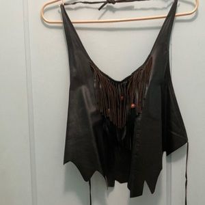 80s Vintage Hippie Boho Festival Black Leather Fringe & Feathers Halter Top